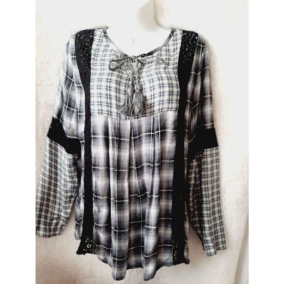 Cato black plaid sz small tassle Goth Grunge Peasant Bohemian Witchy blouse - Picture 1 of 5